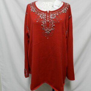 Quacker Factory Sequin Beaded knit red Christmas Sweater Top Size Sz XXXL 3X